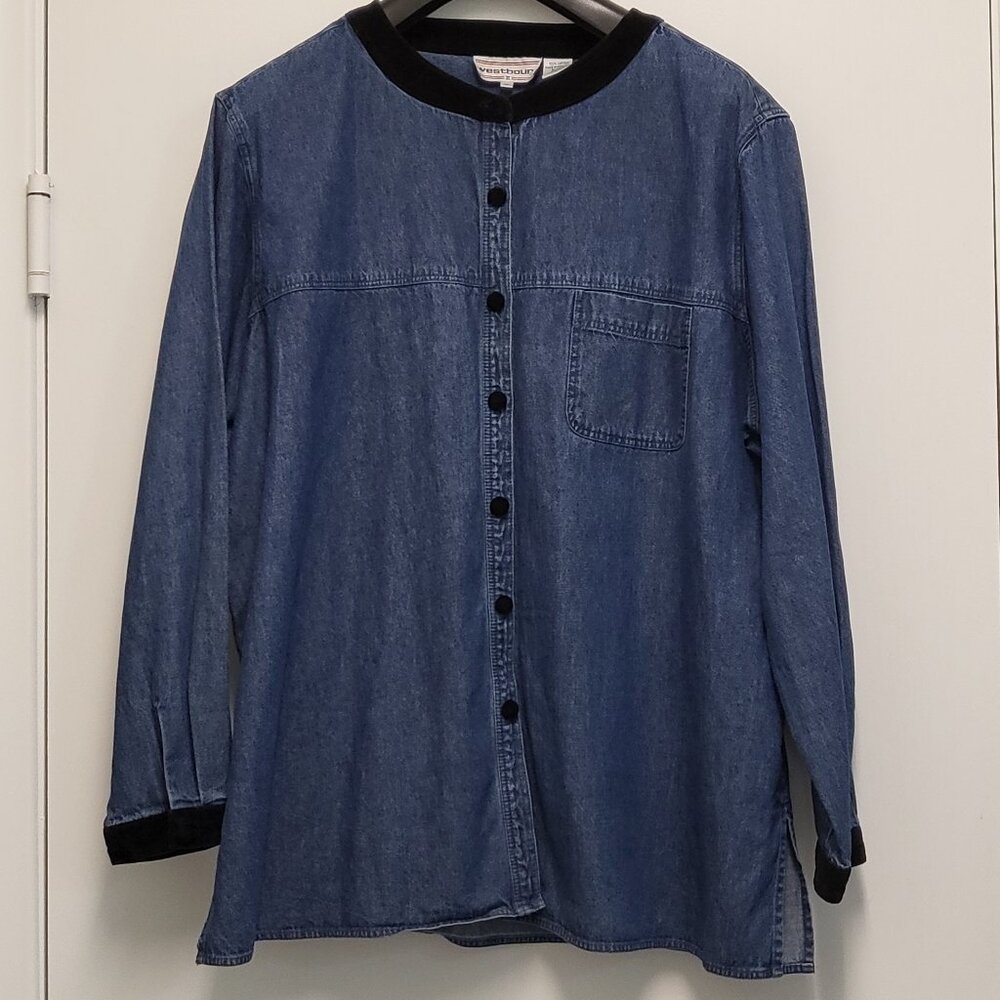 Vintage Westbound Denim Shirt Womens 1X Plus Button Up Long Sleeve Velour Accent